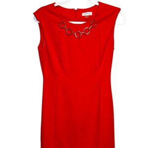 Calvin Klein Women's Red Sleeveless Sheath Dress with Gold Chain Accent, Size 6
